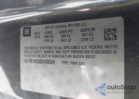 2016 Chevrolet Camaro 1Lt из США, поврежденный, VIN 1G1FB1RS3G0168524